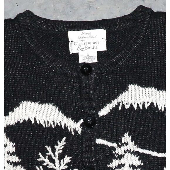 Vintage 80s Black Knitted Cardigan Sweater Preppy Style Long Sleeve Top Small - Picture 2 of 3